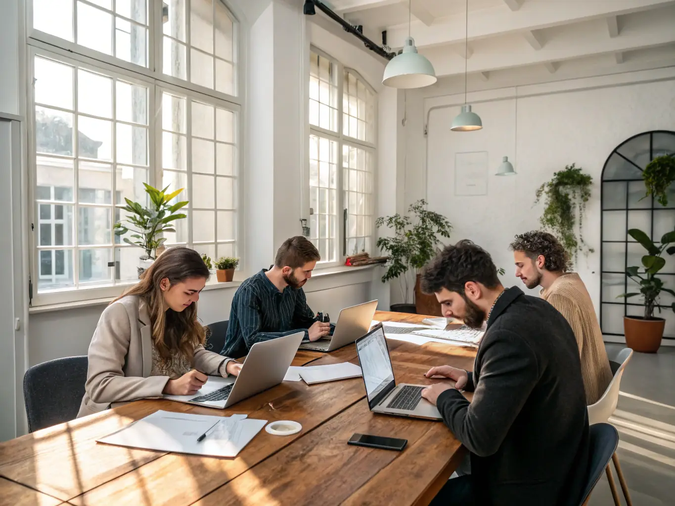 A professional team in a modern office setting, collaborating on financial strategies and solutions for clients.