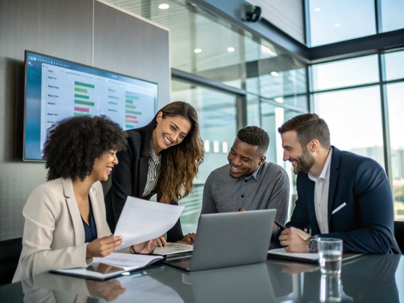 A professional setting with a diverse team collaborating on financial strategies, emphasizing Nivelo's commitment to tailored payment solutions.