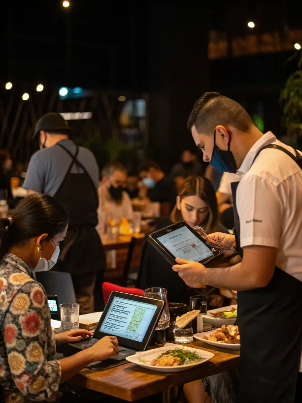 A vibrant photo of a busy restaurant with customers paying their bills, showcasing the importance of fast and reliable payment processing in the food service industry.
