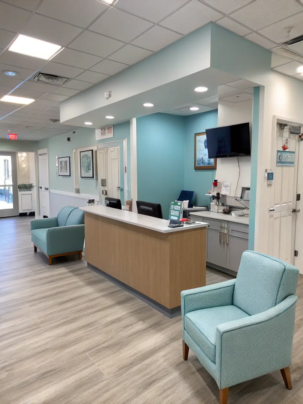 A professional image of a doctor's office reception area, with a focus on the payment terminal, representing the healthcare industry's need for secure and compliant payment processing.