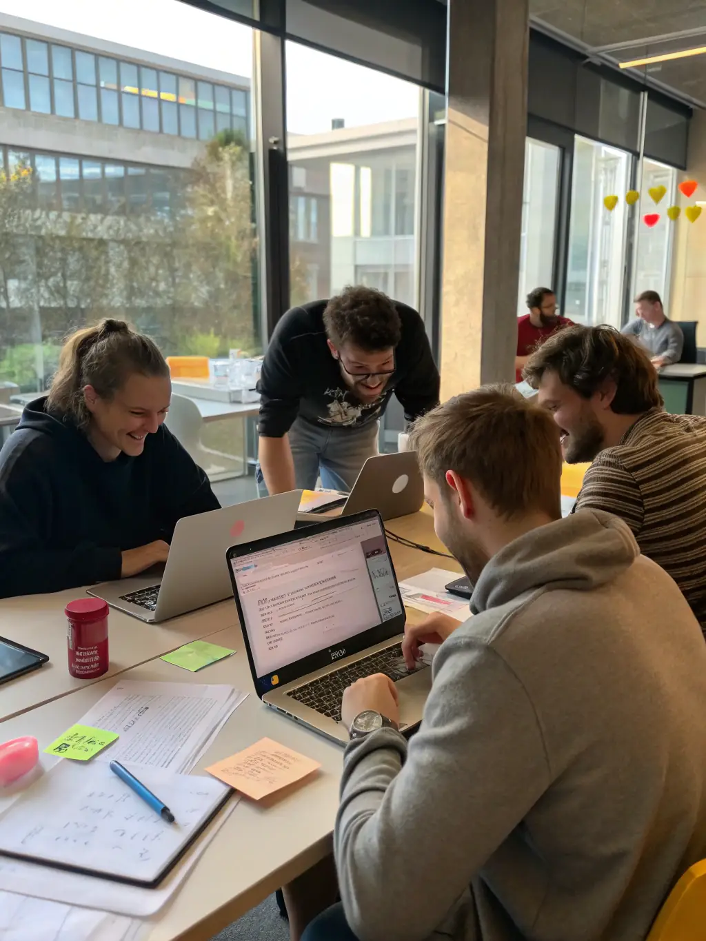 A modern image of a software development team collaborating in an open office space, highlighting the need for flexible and scalable payment solutions in the tech industry.